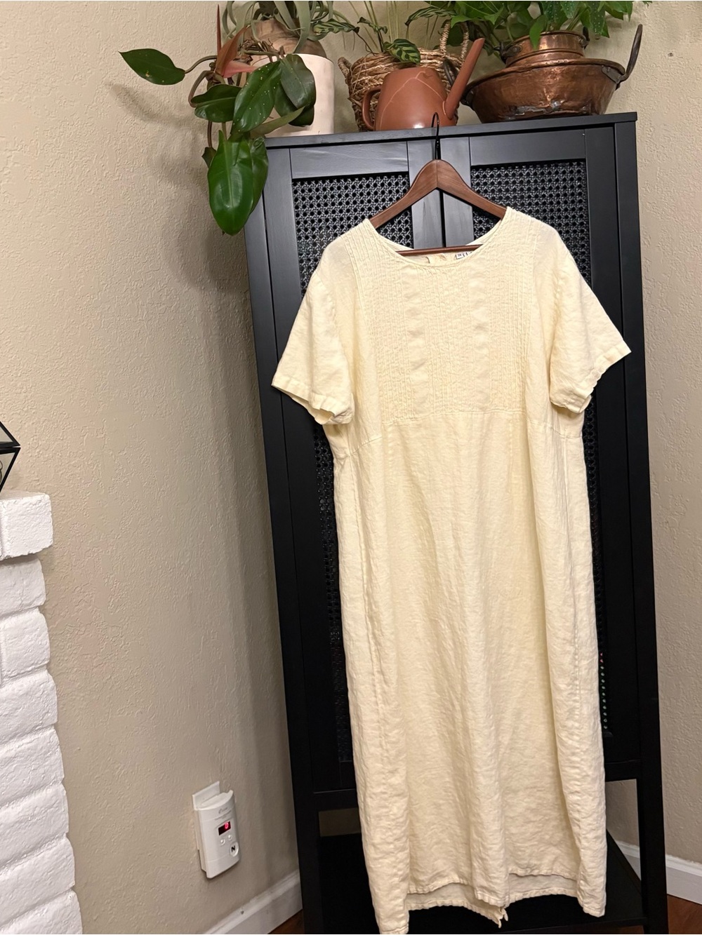 Vintage 100% Linen Butter Yellow Short-Sleeve Casual Maxi Dress